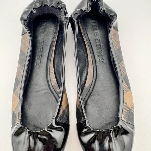 Burberry Nova Check Patent Leather Women's Black & Brown Checkered Ballet Flats - Picture 3 of 8
